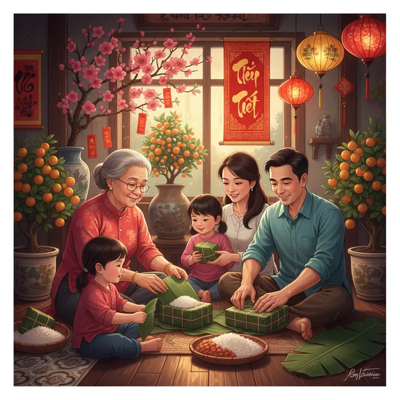 Bàn thờ gia đình sum vầy Tết với hoa đào và lễ vật truyền thống.