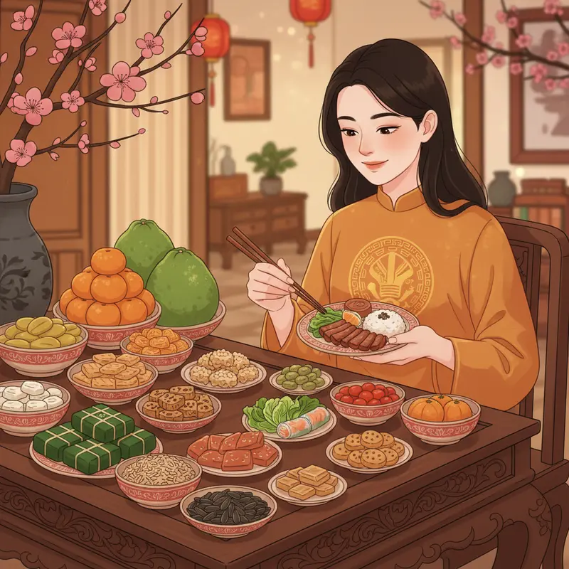 Mâm cỗ Tết truyền thống với nhiều món ăn giàu calo dễ gây tăng cân.