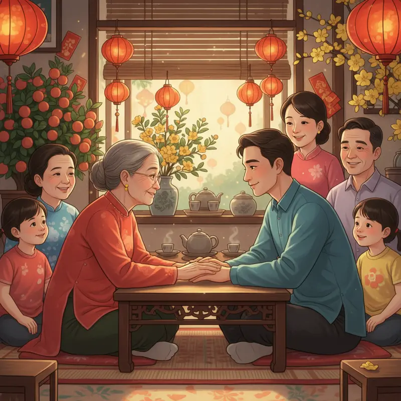 Gia đình nhiều thế hệ chuẩn bị sum họp Tết, tỏa sáng niềm vui và cởi mở.