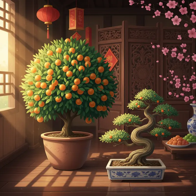 Quất chậu phát triển tự nhiên và Quất bonsai được uốn nghệ thuật ngày Tết.