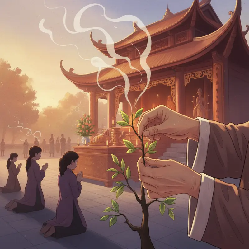 Không khí hái lộc đầu năm tại sân đình chùa Việt.