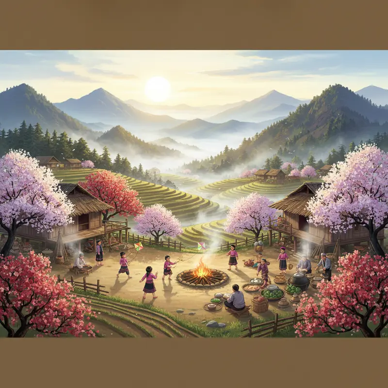 Cảnh xuân rực rỡ, bản làng thức giấc giữa sắc hoa đào và hoa mận nở bung.