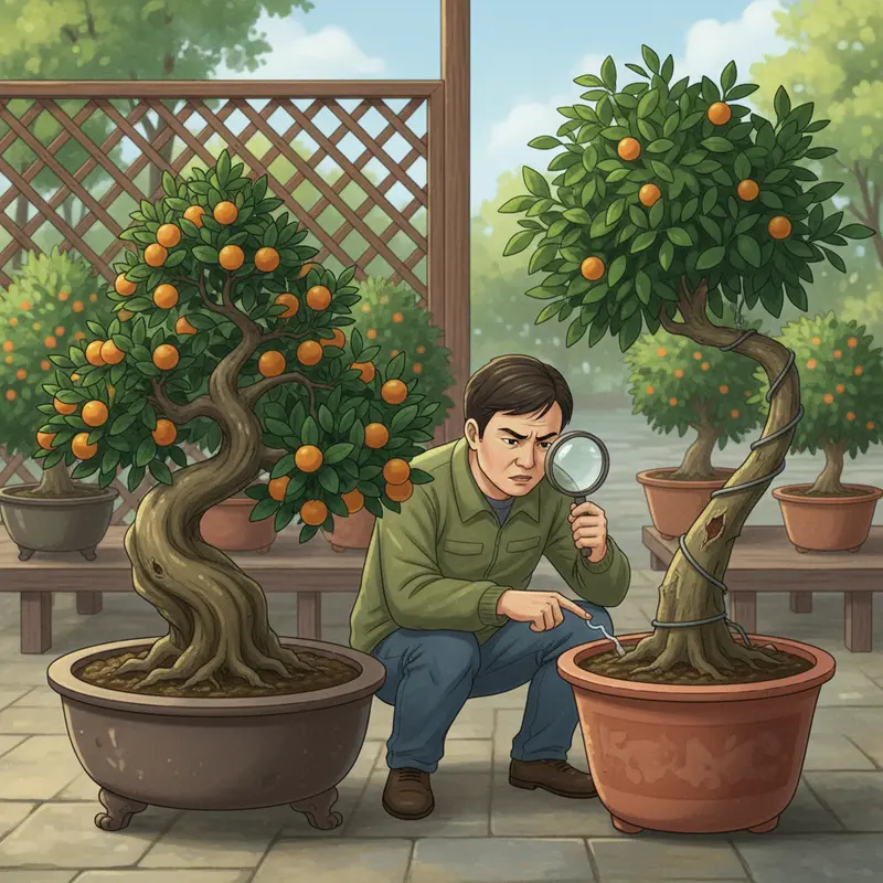 Quất chậu phát triển tự nhiên và Quất bonsai được uốn nghệ thuật ngày Tết.