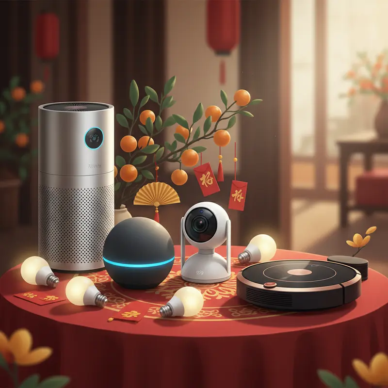 Giỏ quà Tết 2026 tích hợp các thiết bị công nghệ và smart home.