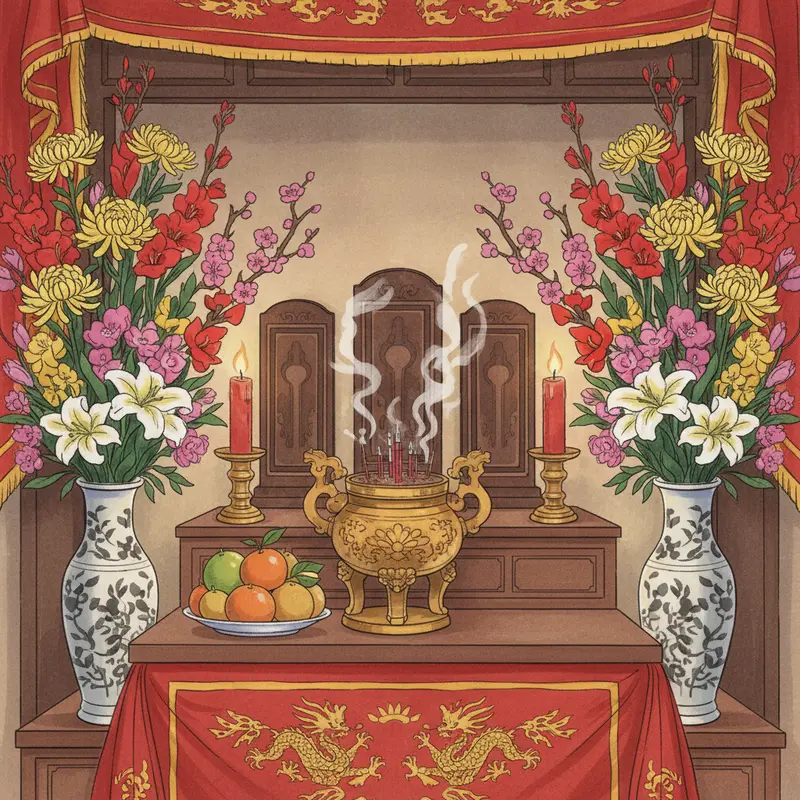 Bàn thờ tổ tiên được trang trí hoa tươi ngày Tết