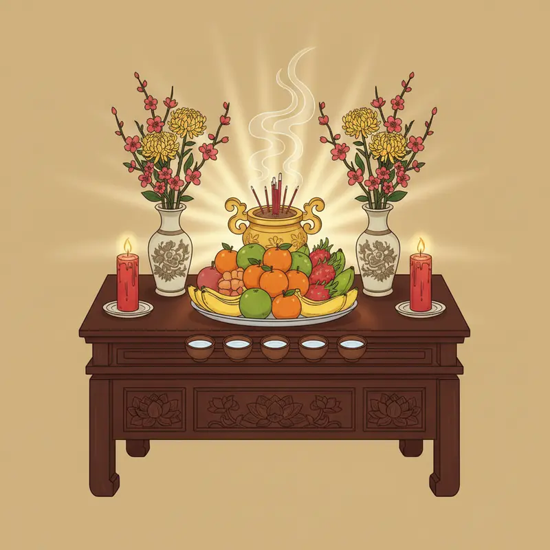 Bàn thờ gia tiên ngày Tết với biểu tượng ngũ hành hài hòa.