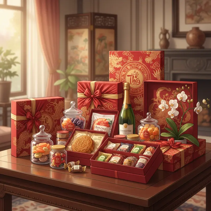 Gia đình sum họp bên những hộp quà Tết trao nhau tình cảm.