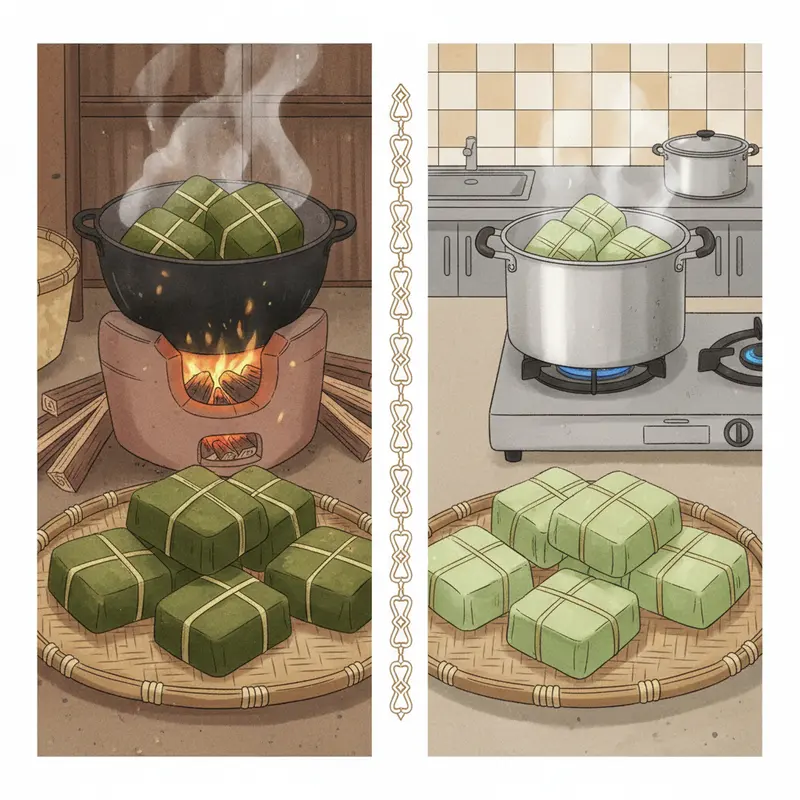 Bánh chưng được luộc trên bếp củi truyền thống, tỏa khói và giữ hương vị đặc trưng ngày Tết.