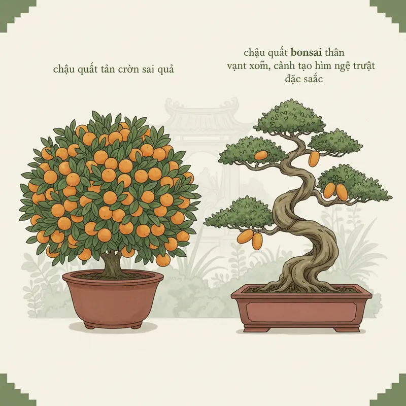 Quất chậu phát triển tự nhiên và Quất bonsai được uốn nghệ thuật ngày Tết.