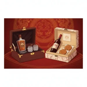 Hai hộp quà Tết doanh nghiệp: rượu ngoại sang trọng và vang Việt kết hợp bánh Trung Thu, nền truyền thống.