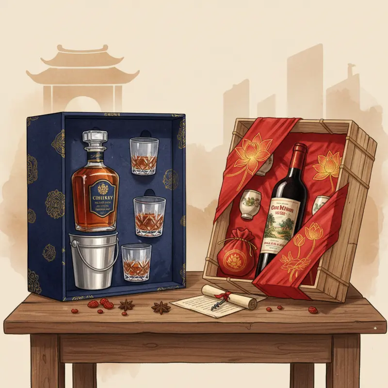 Hộp quà rượu ngoại sang trọng cho dịp Tết.