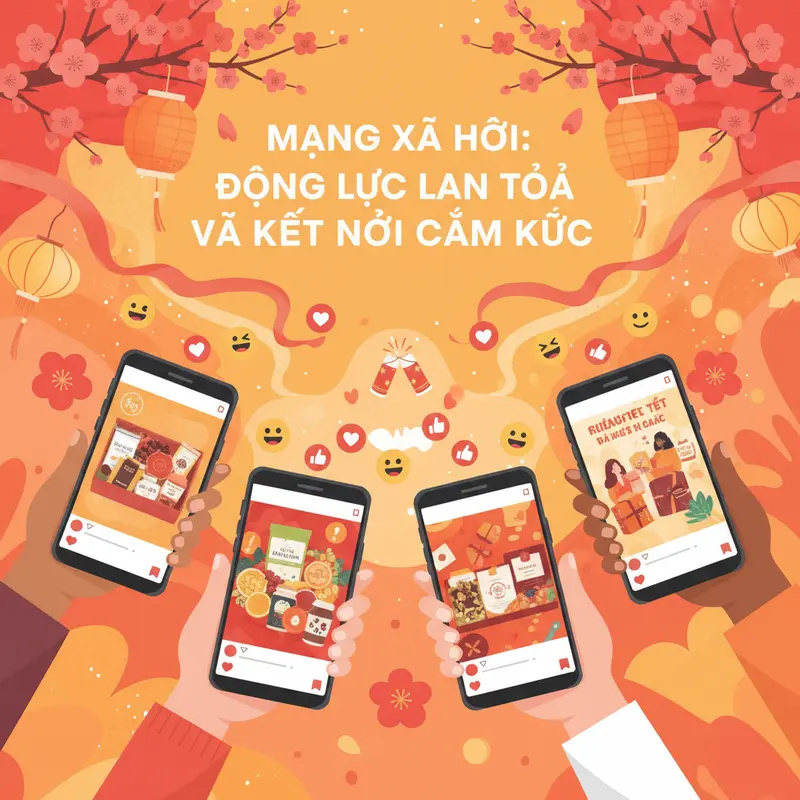 Hộp quà Tết healthy hiện đại trên bàn cùng laptop và smartphone, gợi ý xu hướng mua sắm số.