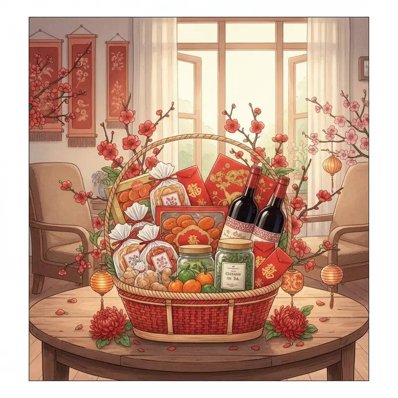 Giỏ quà Tết truyền thống với nhiều loại quà đặc trưng, biểu tượng của sự đoàn viên.