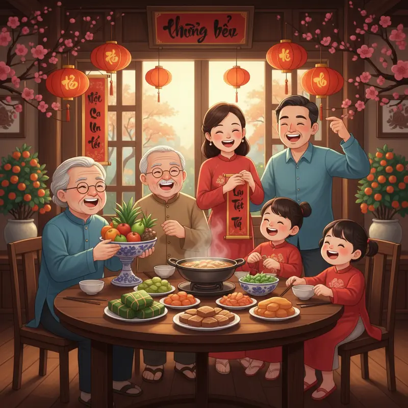 Gia đình nhiều thế hệ chuẩn bị sum họp Tết, tỏa sáng niềm vui và cởi mở.
