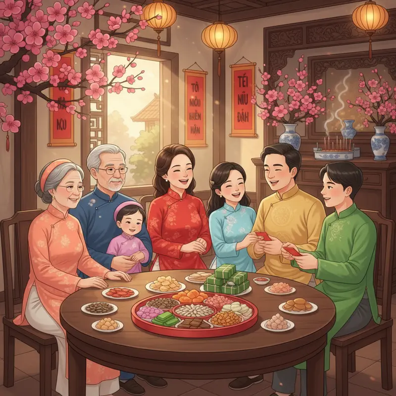 Gia đình Việt đoàn viên trong không khí Tết Nguyên đán truyền thống.