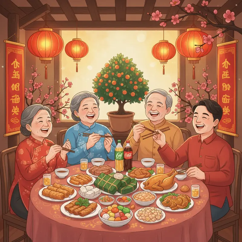Mâm cỗ Tết truyền thống với nhiều món ăn giàu calo dễ gây tăng cân.