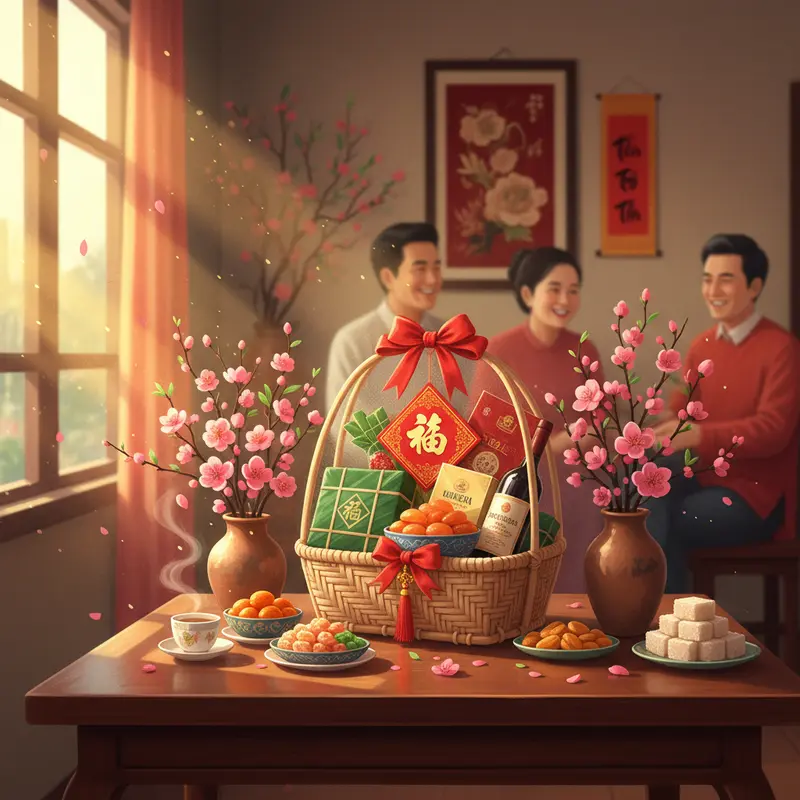 Giỏ quà Tết mang giá trị gắn kết và lời chúc đầu năm.