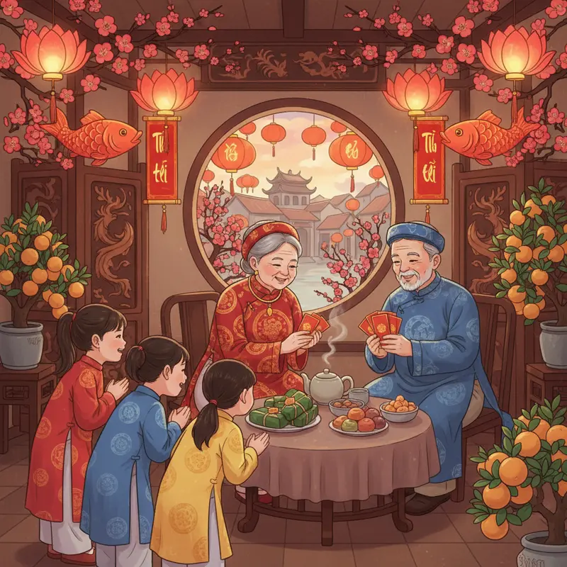 Gia đình Việt dâng hương trên bàn thờ tổ tiên, chuẩn bị mâm cỗ ngày Tết.