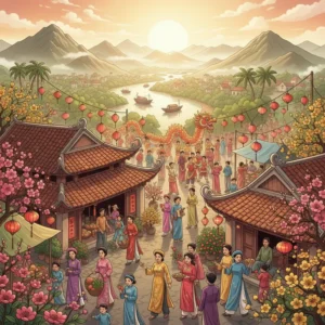 Quang cảnh Tết Việt với hoa đào, áo dài truyền thống, nhà dân và phiên chợ xuân rộn rã.