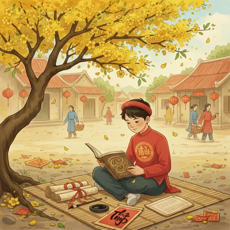 Bàn thờ gia đình sum vầy Tết với hoa đào và lễ vật truyền thống.