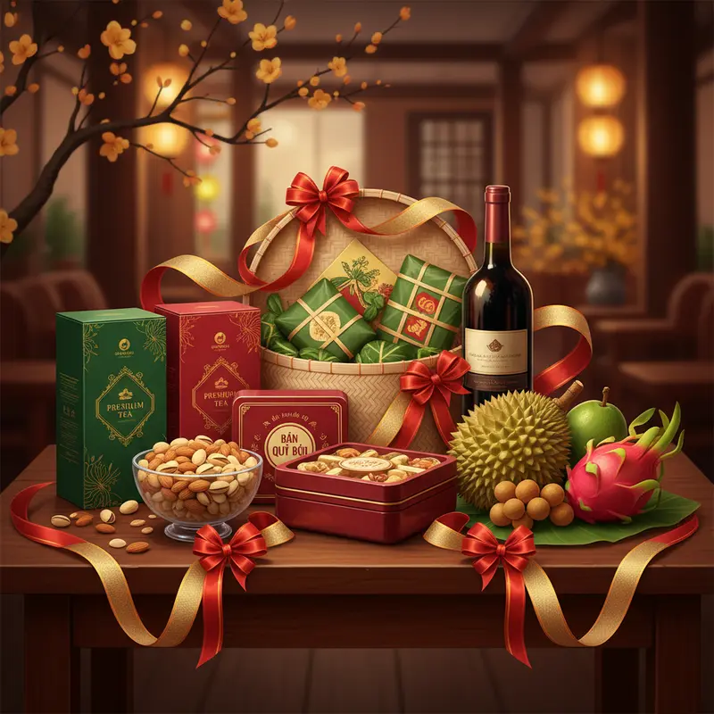 Quá trình chuẩn bị giỏ quà Tết truyền thống trong gia đình Việt.