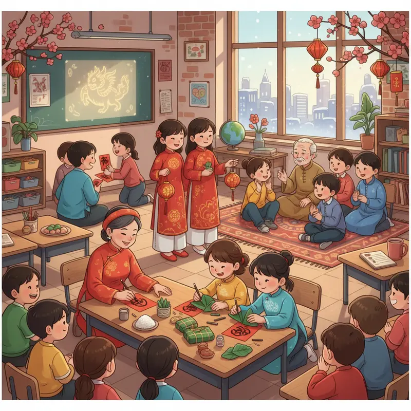 Gia đình người Việt tại nước ngoài cùng nhau gói bánh chưng và trang trí nhà cửa đón Tết.