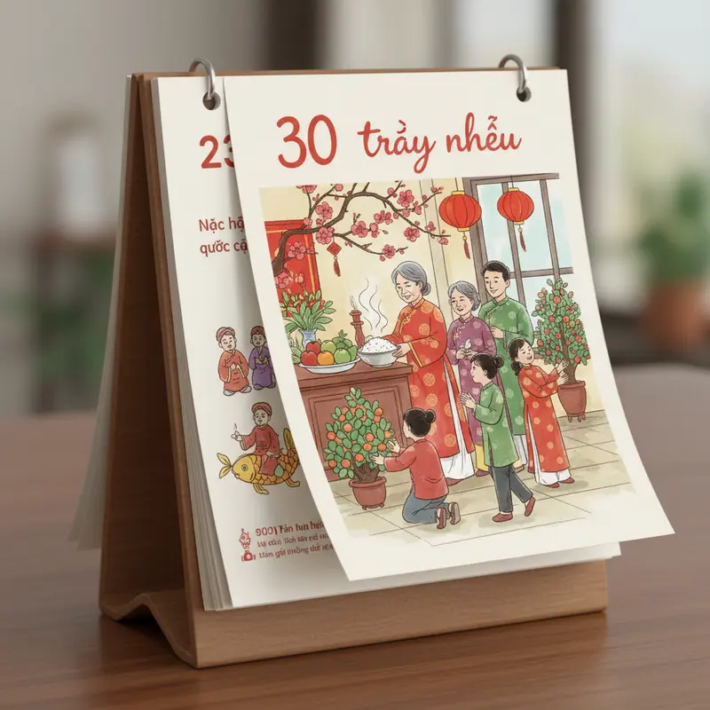 Ban thờ truyền thống với hình tượng Ông Táo và mâm cúng Tất Niên trong không gian ấm áp.