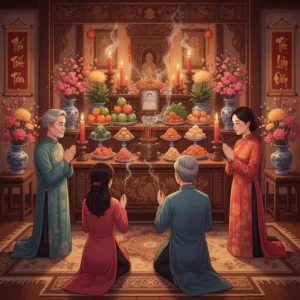 Gia đình Việt quây quần bên bàn thờ ngày Tết với lễ vật truyền thống và không khí tràn đầy sum họp.