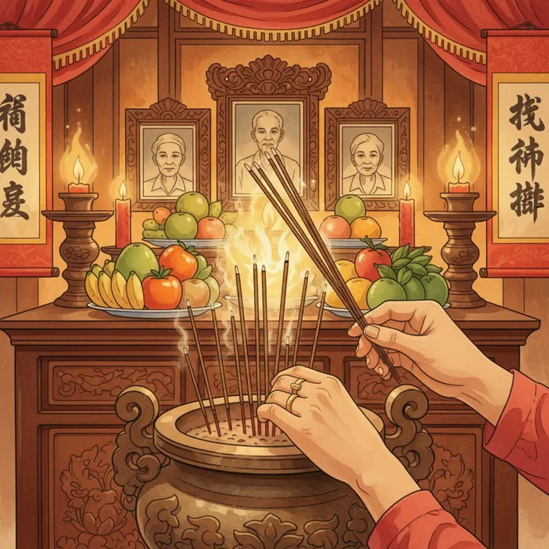 Bàn thờ gia đình ngày Tết với đầy đủ hoa đào, lễ vật và khói hương nghi ngút.