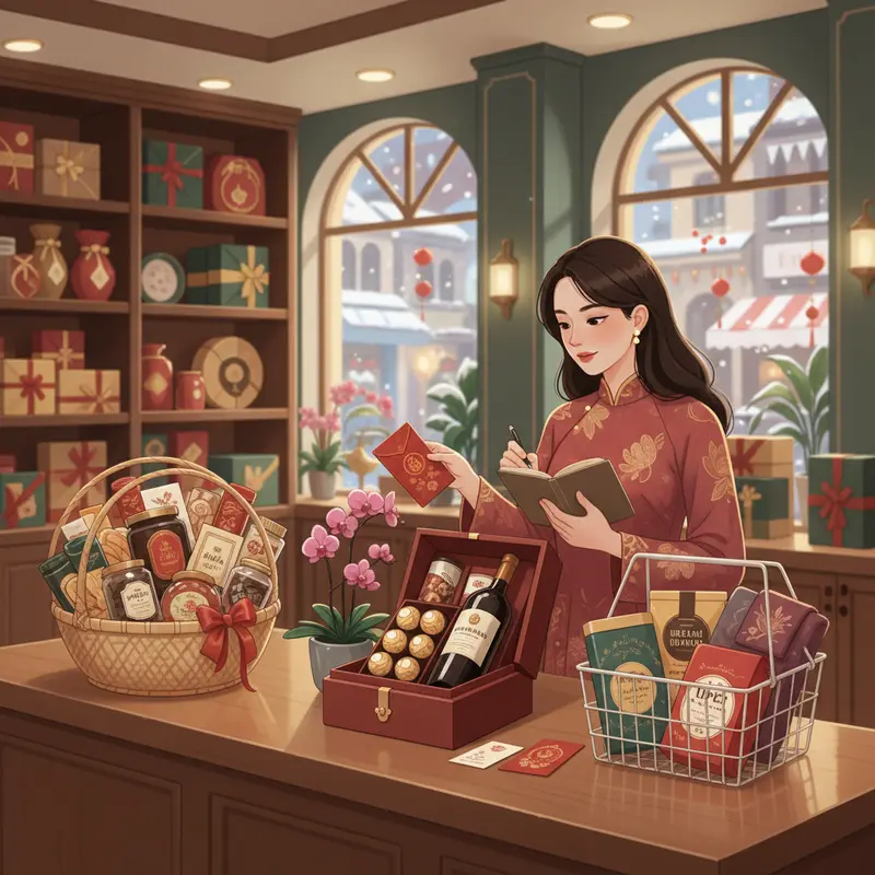 Quá trình chuẩn bị giỏ quà Tết truyền thống trong gia đình Việt.
