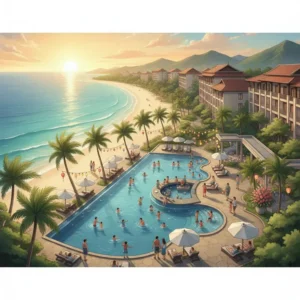 Cảnh toàn diện của resort ven biển miền Trung, với biển trong xanh và không khí đón Tết sôi động.