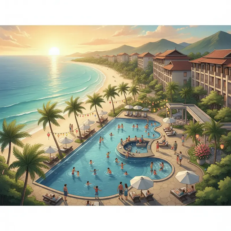 Cảnh toàn diện của resort ven biển miền Trung, với biển trong xanh và không khí đón Tết sôi động.