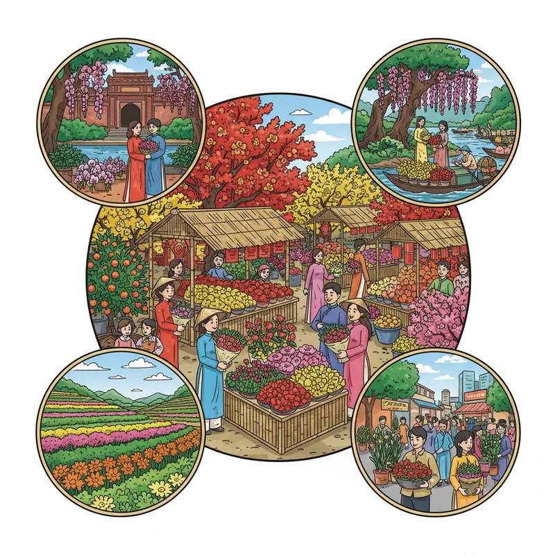 Chợ hoa Tết nhộn nhịp với nhiều loại hoa đặc trưng và khách hàng lựa chọn.