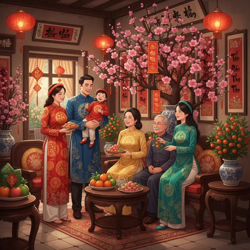 Bàn thờ gia đình sum vầy Tết với hoa đào và lễ vật truyền thống.