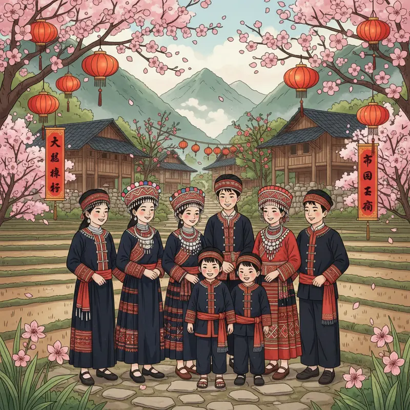 Cảnh xuân rực rỡ, bản làng thức giấc giữa sắc hoa đào và hoa mận nở bung.