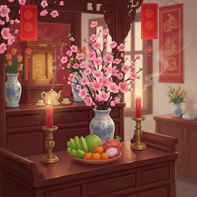 Bàn thờ gia tiên chuẩn Ngũ Hành với các vật phẩm đại diện Kim, Mộc, Thủy, Hỏa, Thổ.