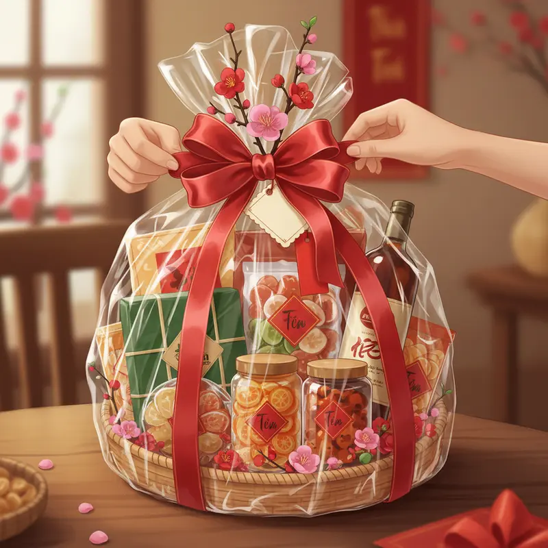 Giỏ quà Tết truyền thống đa dạng, mang ý nghĩa sum vầy và may mắn.