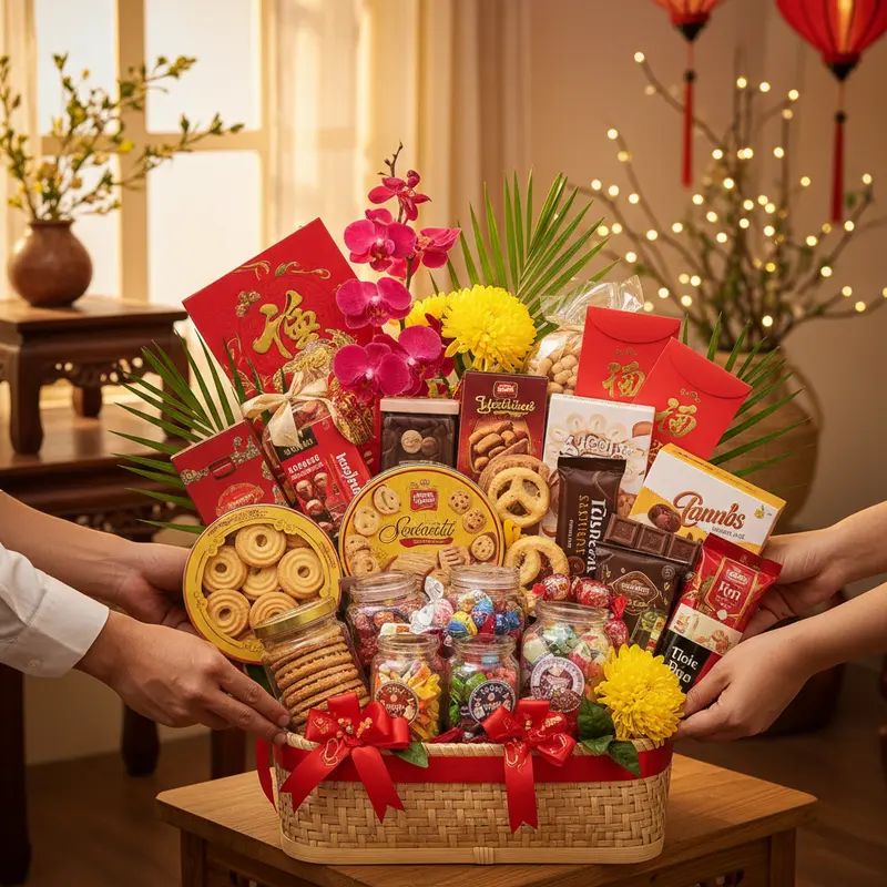 Giỏ quà Tết hiện đại với bánh kẹo nhập khẩu cao cấp, sắc vàng đỏ tươi vui.