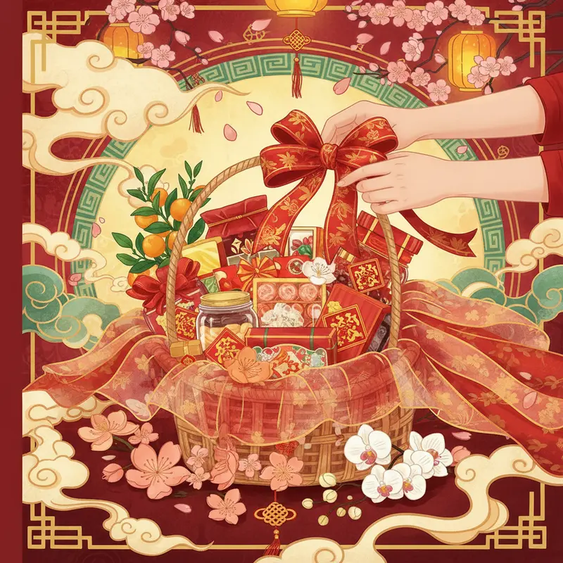 Quá trình chuẩn bị giỏ quà Tết truyền thống trong gia đình Việt.