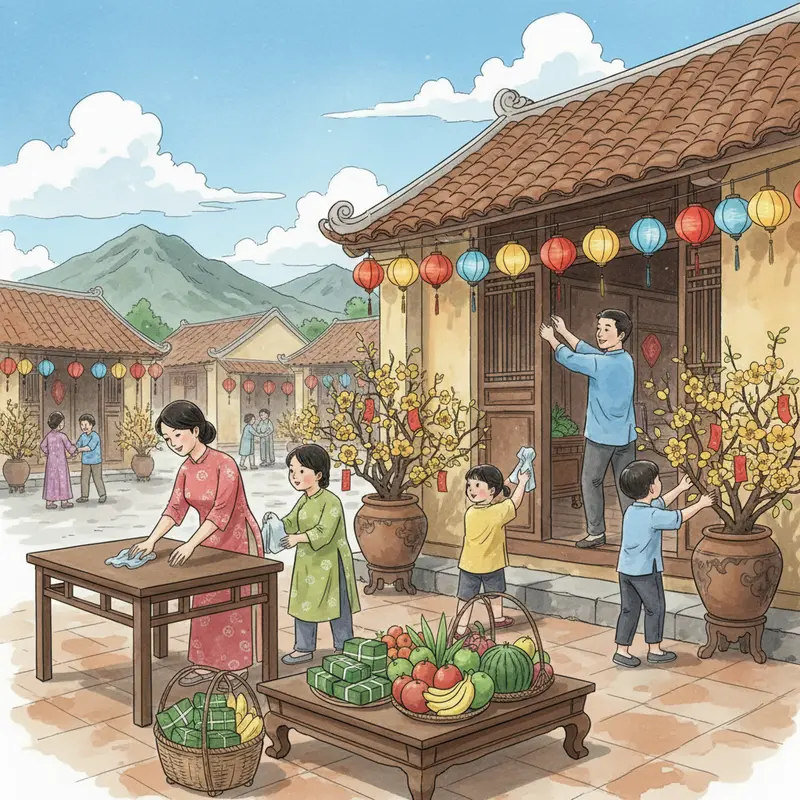 Gia đình sum họp bên bàn thờ tổ tiên, không khí Tết ấm cúng.