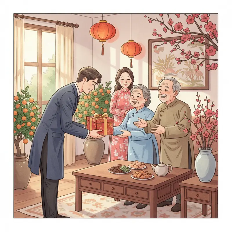 Gia đình sum họp bên những hộp quà Tết trao nhau tình cảm.