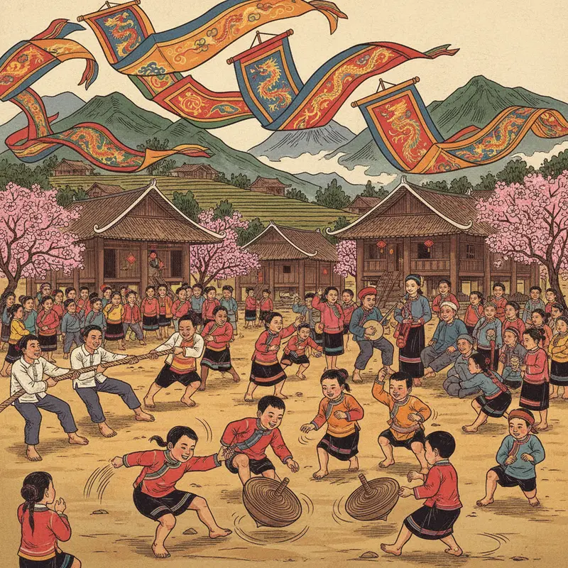 Cảnh xuân rực rỡ, bản làng thức giấc giữa sắc hoa đào và hoa mận nở bung.