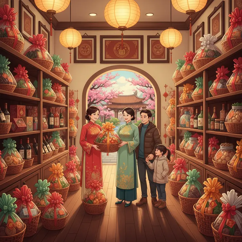 Giỏ quà Tết mang giá trị gắn kết và lời chúc đầu năm.