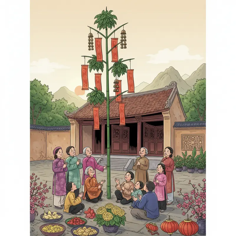 Hình ảnh cây nêu được dựng trang trọng trước sân nhà trong dịp Tết, biểu tượng xua đuổi tà ma.