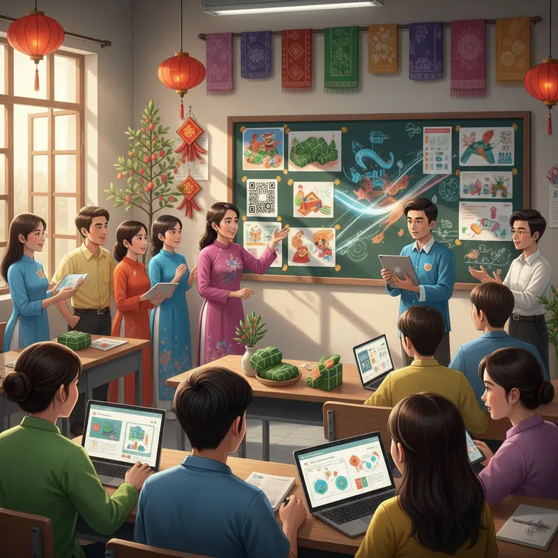 Bàn thờ gia đình sum vầy Tết với hoa đào và lễ vật truyền thống.