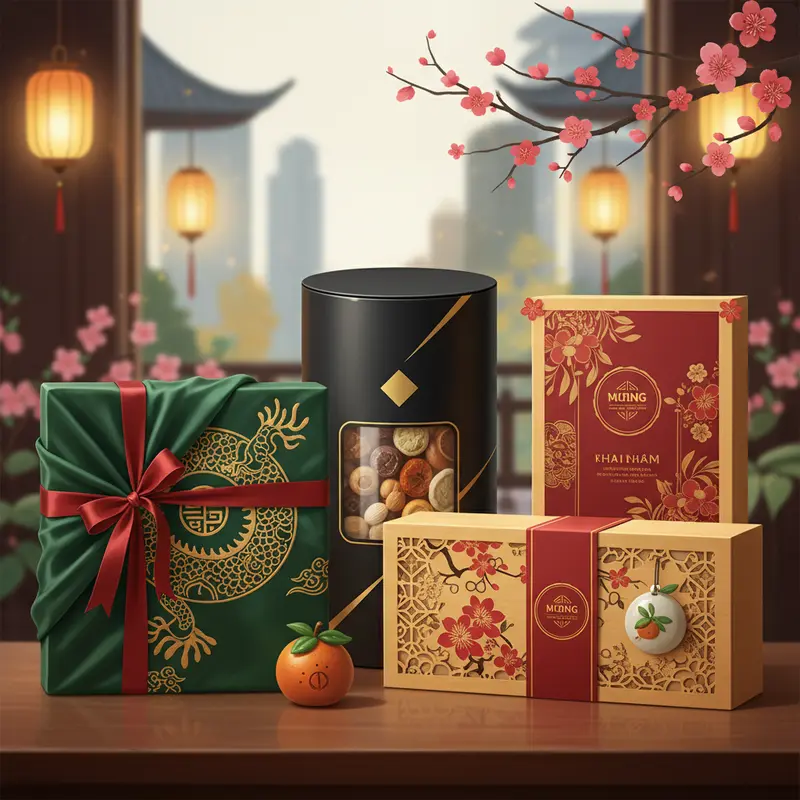 Bàn tiệc ngày Tết rực rỡ với nhiều giỏ quà đặc sắc thể hiện ý nghĩa truyền thống.