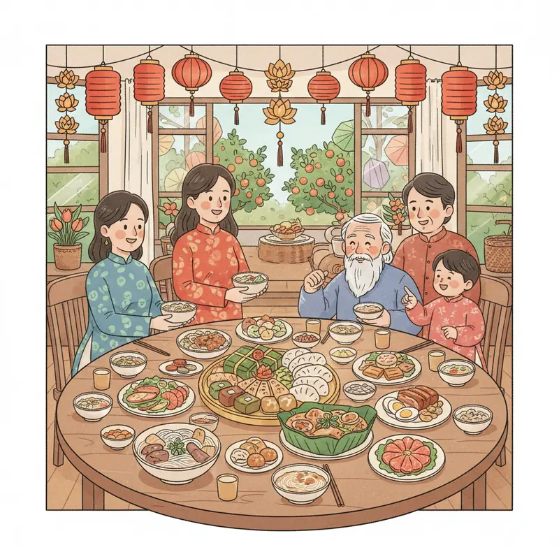 Bữa cơm sum vầy nhiều thế hệ với các món Tết truyền thống Nam Bộ.