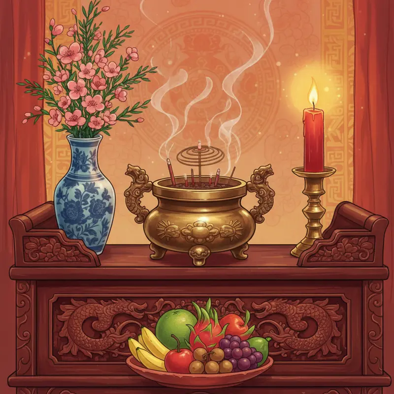 Bàn thờ gia tiên ngày Tết với biểu tượng ngũ hành hài hòa.