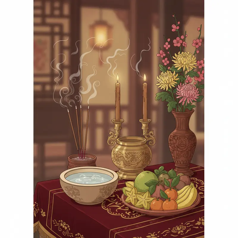 Bàn thờ gia tiên chuẩn Ngũ Hành với các vật phẩm đại diện Kim, Mộc, Thủy, Hỏa, Thổ.