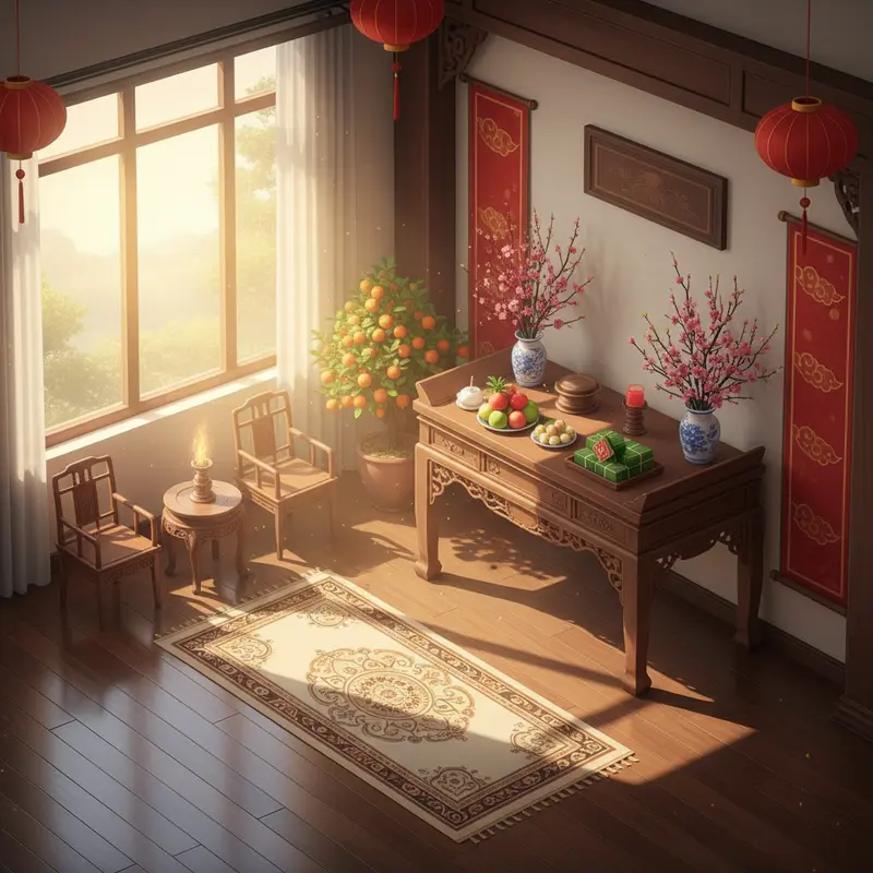 Bàn thờ gia tiên chuẩn Ngũ Hành với các vật phẩm đại diện Kim, Mộc, Thủy, Hỏa, Thổ.